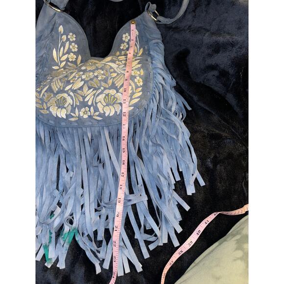 JODILEE AUSTRALIA "HEAVENLY" BLUE SUEDE FRINGED EMBROIDERED BOHO BAG - Picture 6 of 11
